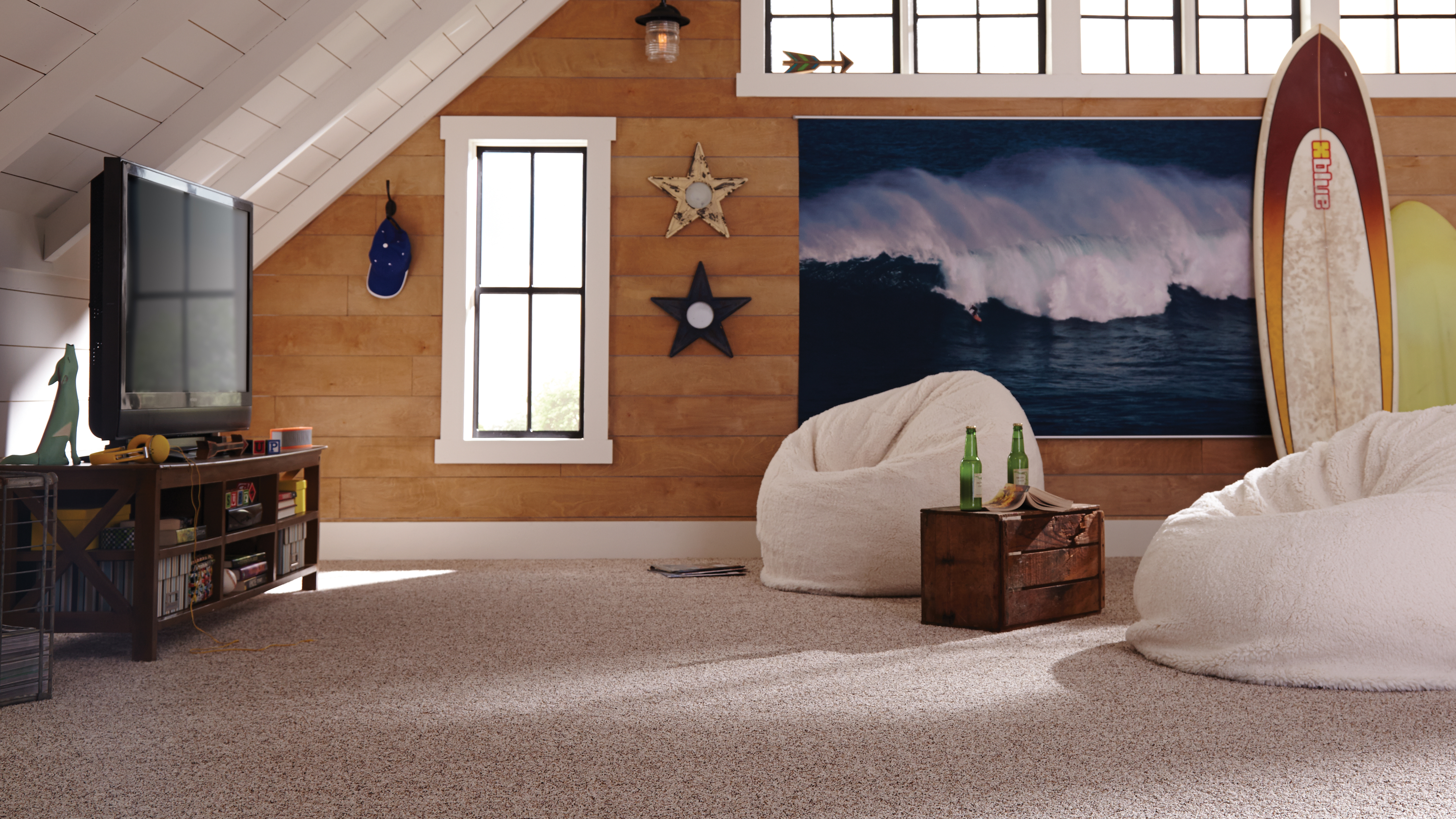 Carpet flooring in a living room, installation services available. 